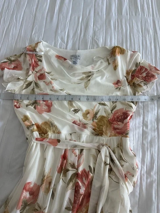 Alexa B nites Floral Ivory Midi Dress with Pink & Gold Blooms - Picture 4 of 7